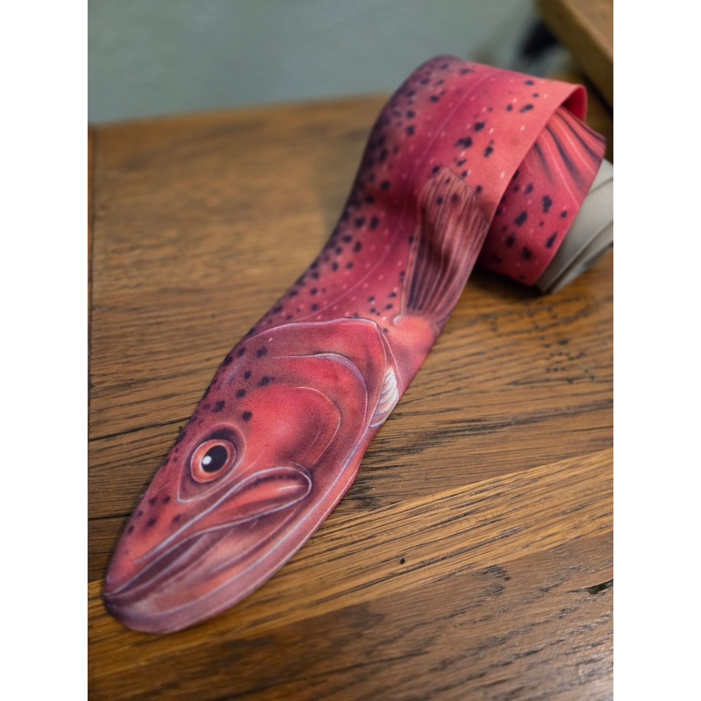 Vintage 1986 Ralph Marlin Trout Fish Novelty Necktie Red Burgundy Mens Tie 2.5"